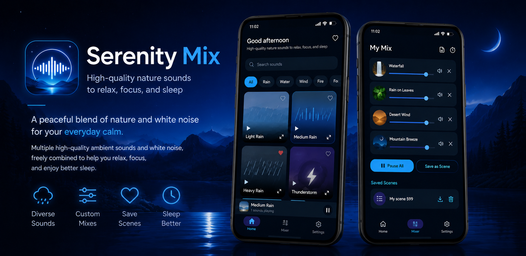 Serenity Mix App to help you relax, focus and fall asleep faster.